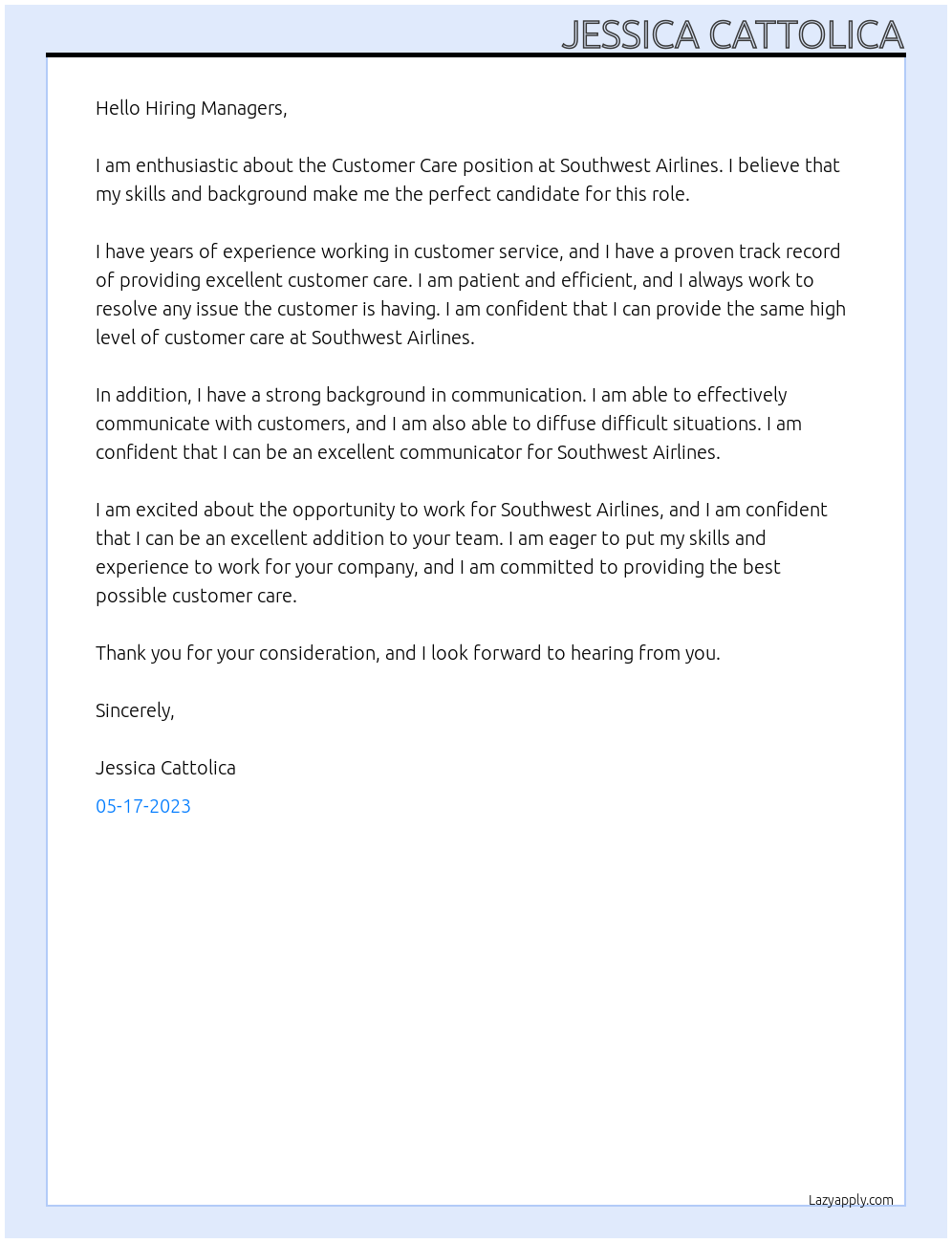 Customer Care  At Southwest Airlibes  Cover Letter