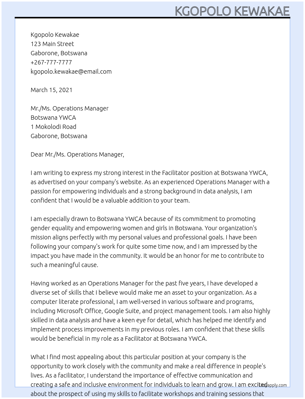 Facilitator At Botswana YWCA Cover Letter