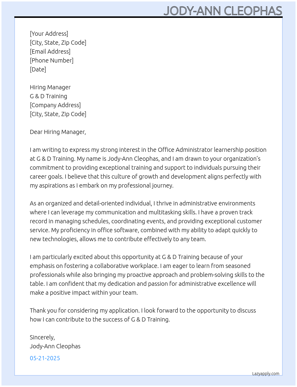 Office Administrator learnership At G & D Training Cover Letter