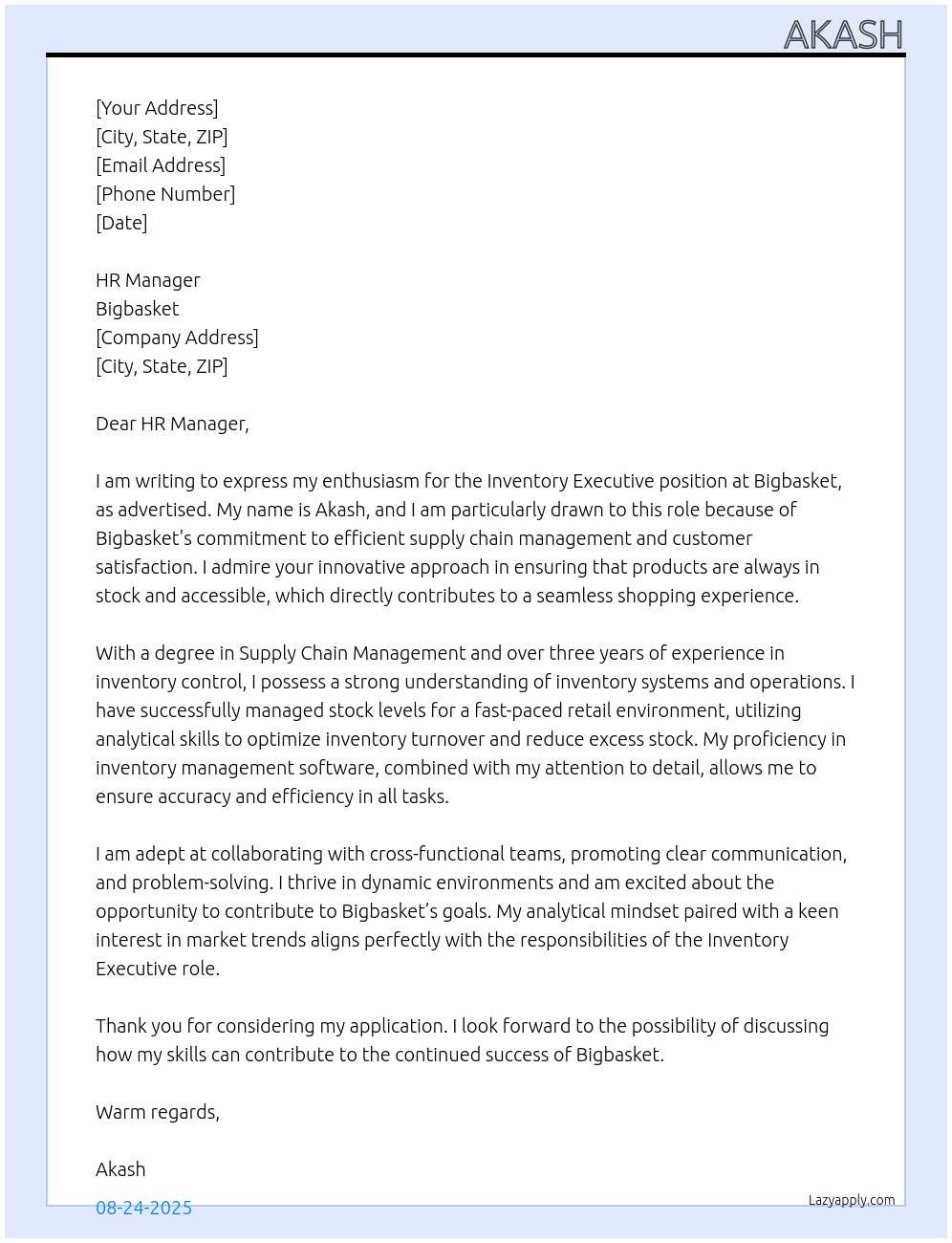 INVENTORY EXECUTIVE At Bigbasket  Cover Letter