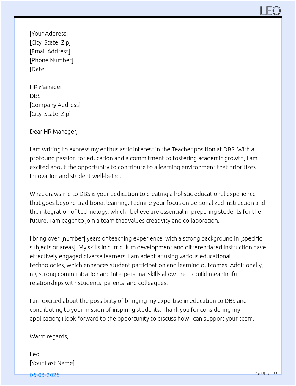 teacher At dbs Cover Letter