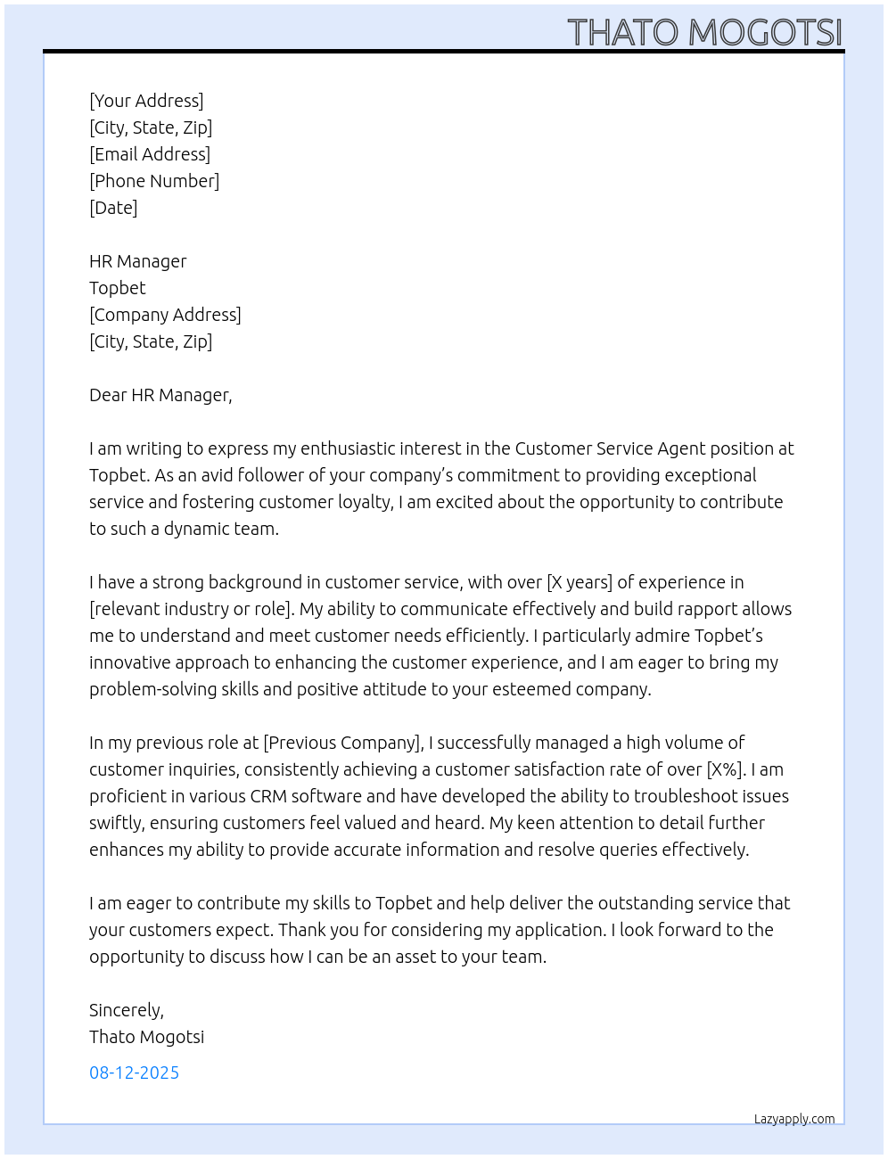 Customer Service Agent At Topbet Cover Letter