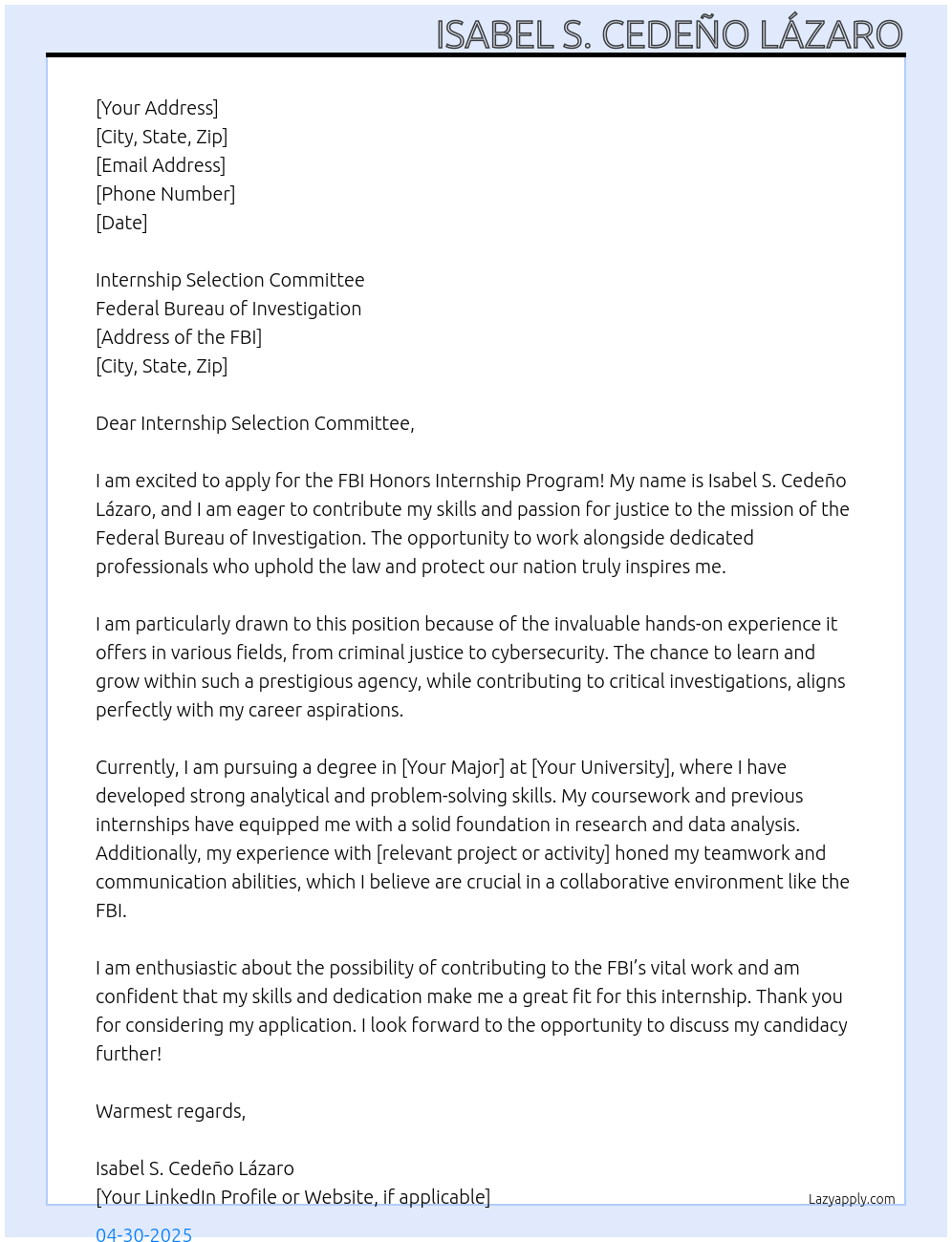 Cover letter for fbi honors internship program - LazyApply