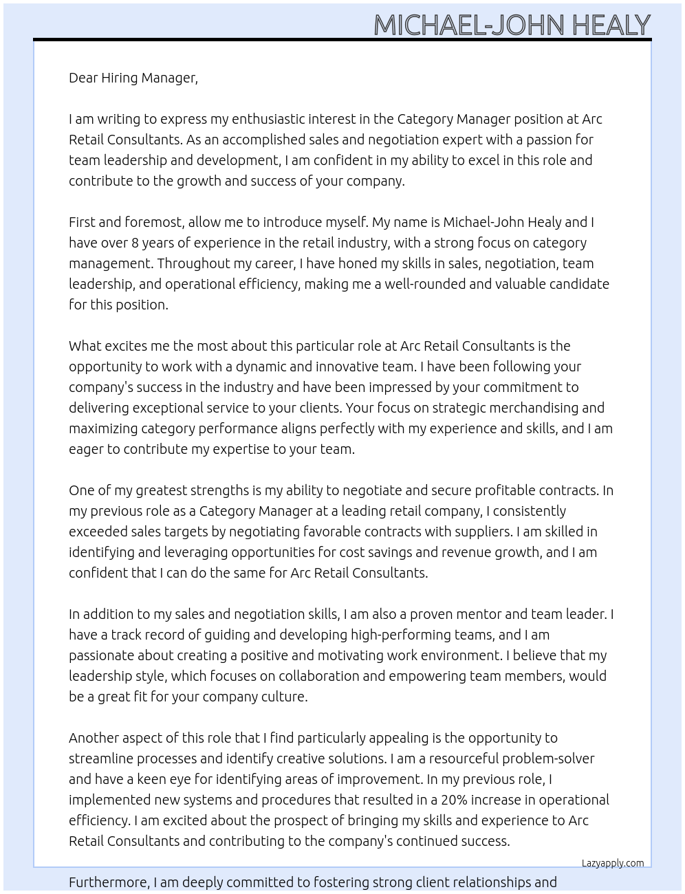 Category Manager At Arc Retail Consultants Cover Letter