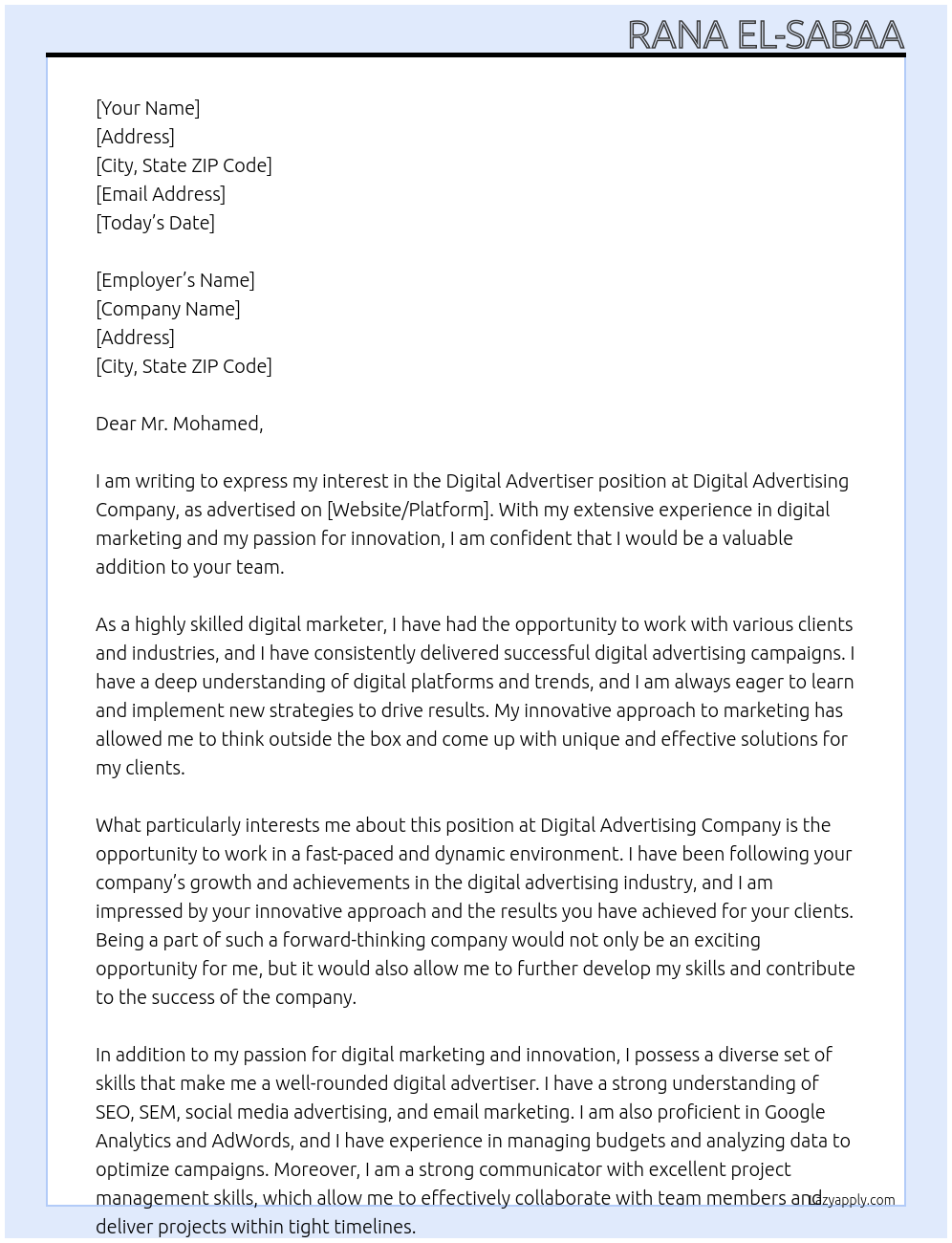 Digital Advertiser At Digital advertising company Cover Letter