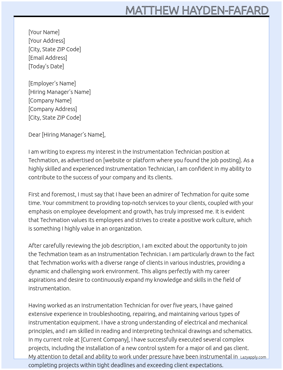 Instrumentation Technician  At Techmation Cover Letter