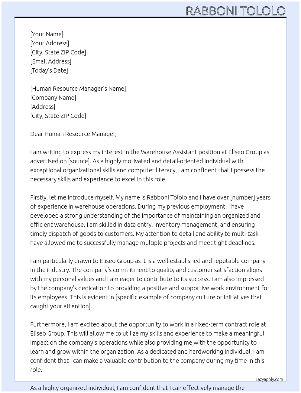 Warehouse Assistant At Eliseo Group Cover Letter