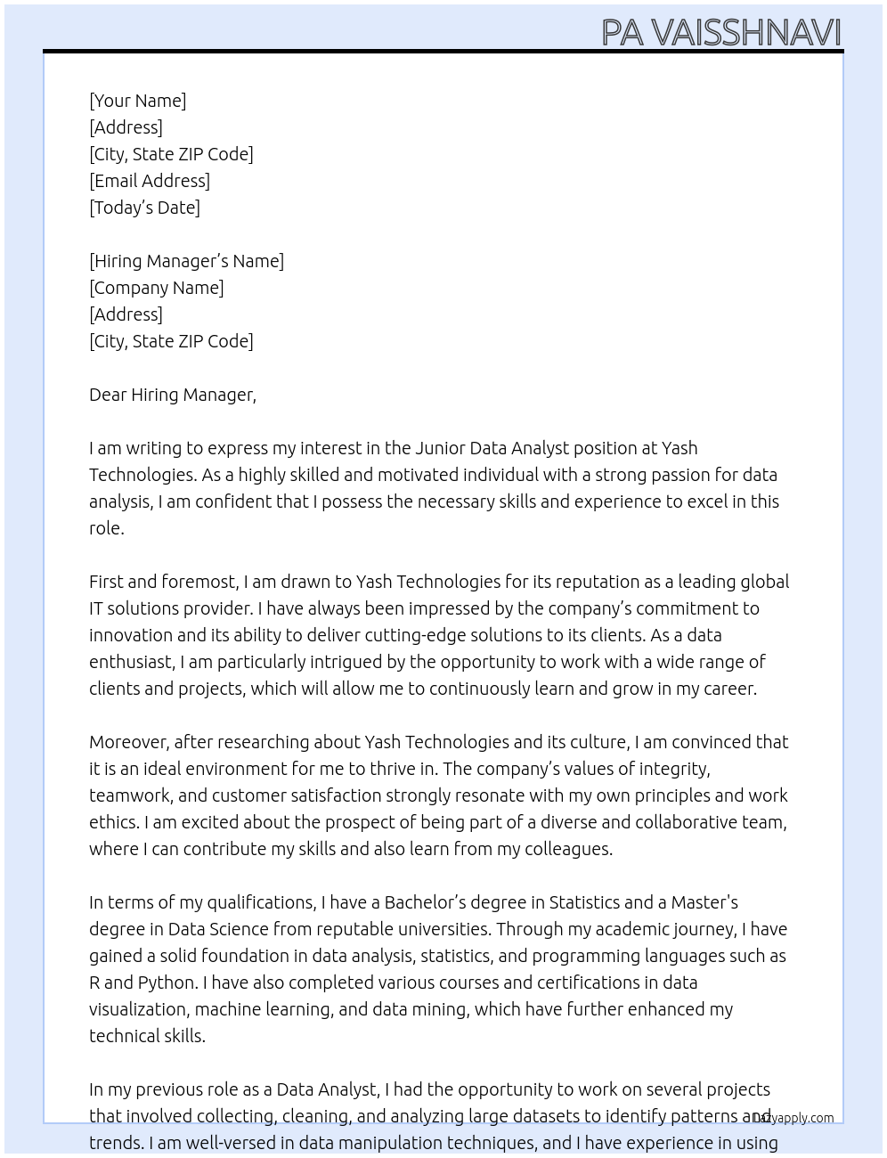 Junior Data Analyst At Yash Technologies Cover Letter