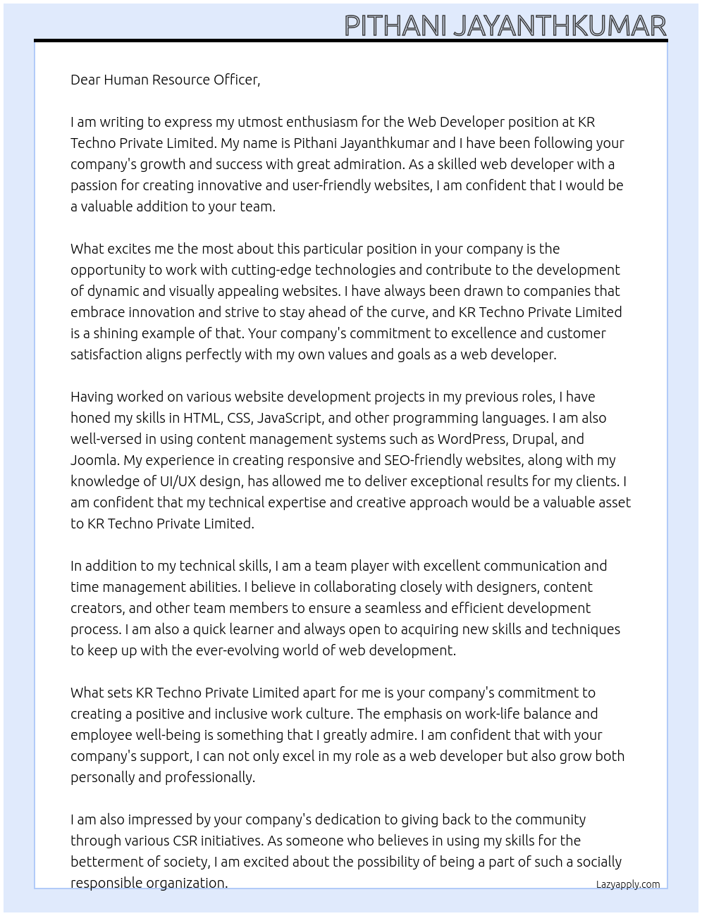 Web developer At KR Techno Private Limited Cover Letter