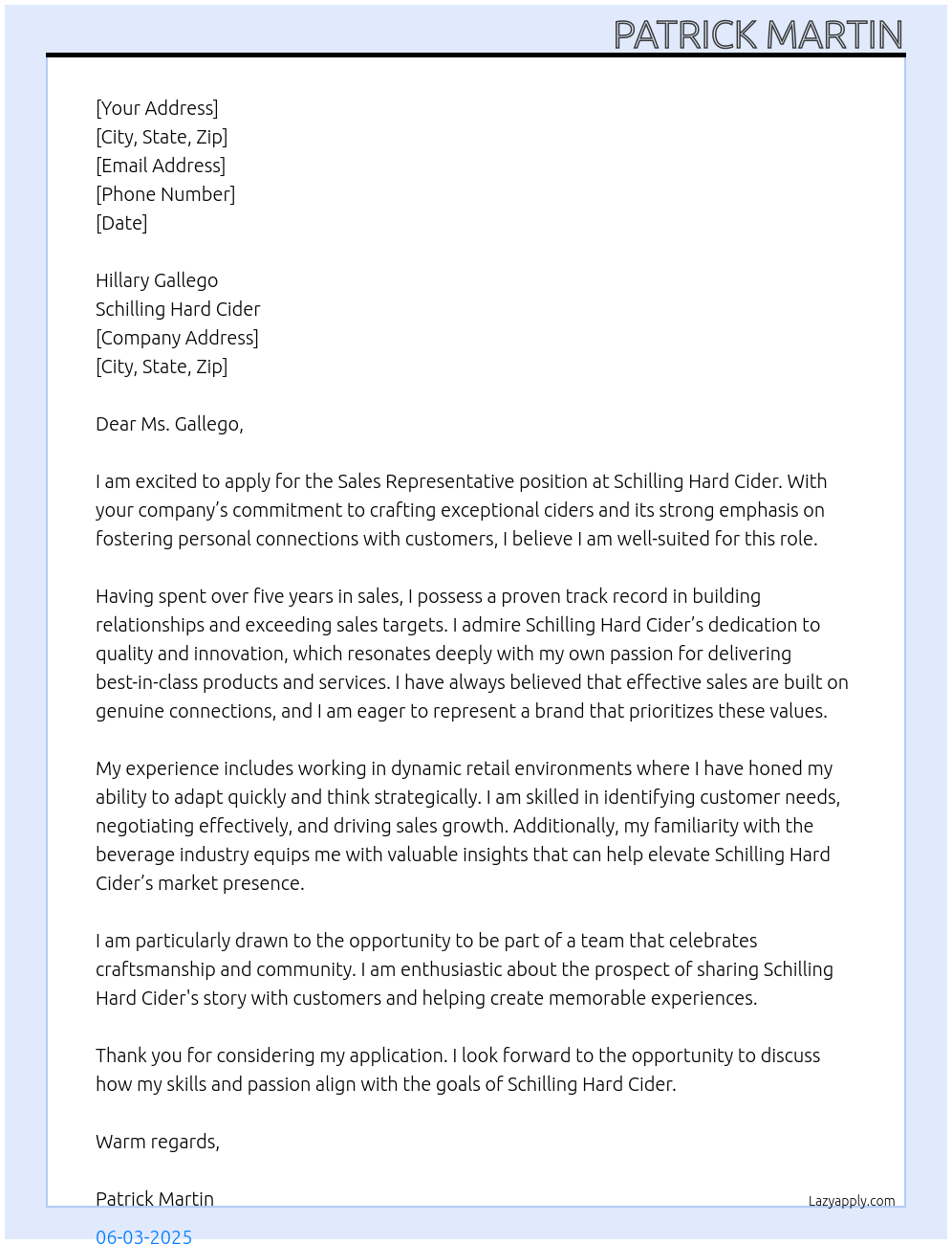 Sales Representative At Schilling Hard Cider Cover Letter