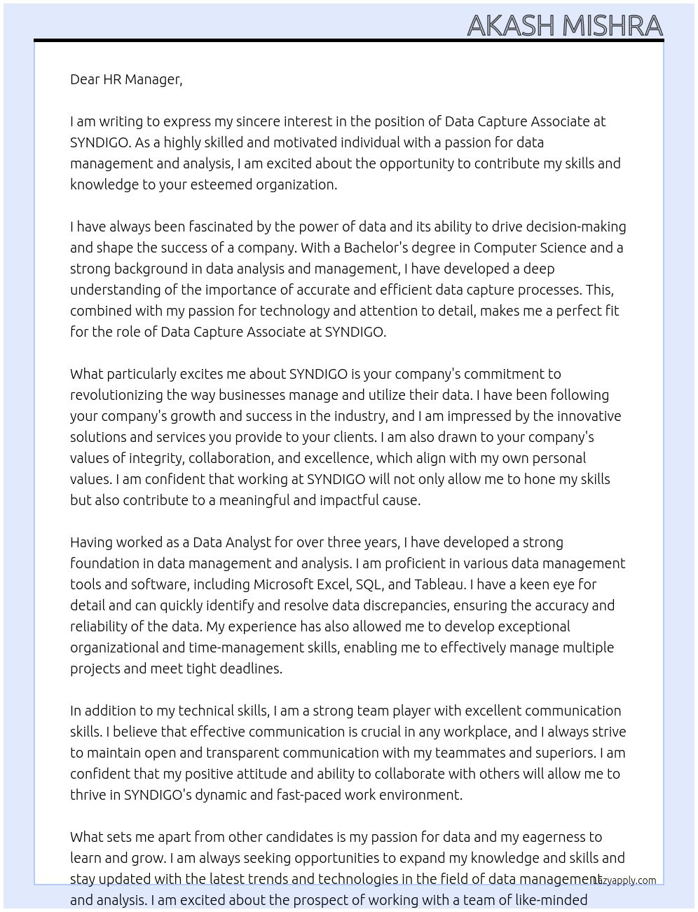 Data Capture Associate At SYNDIGO Cover Letter