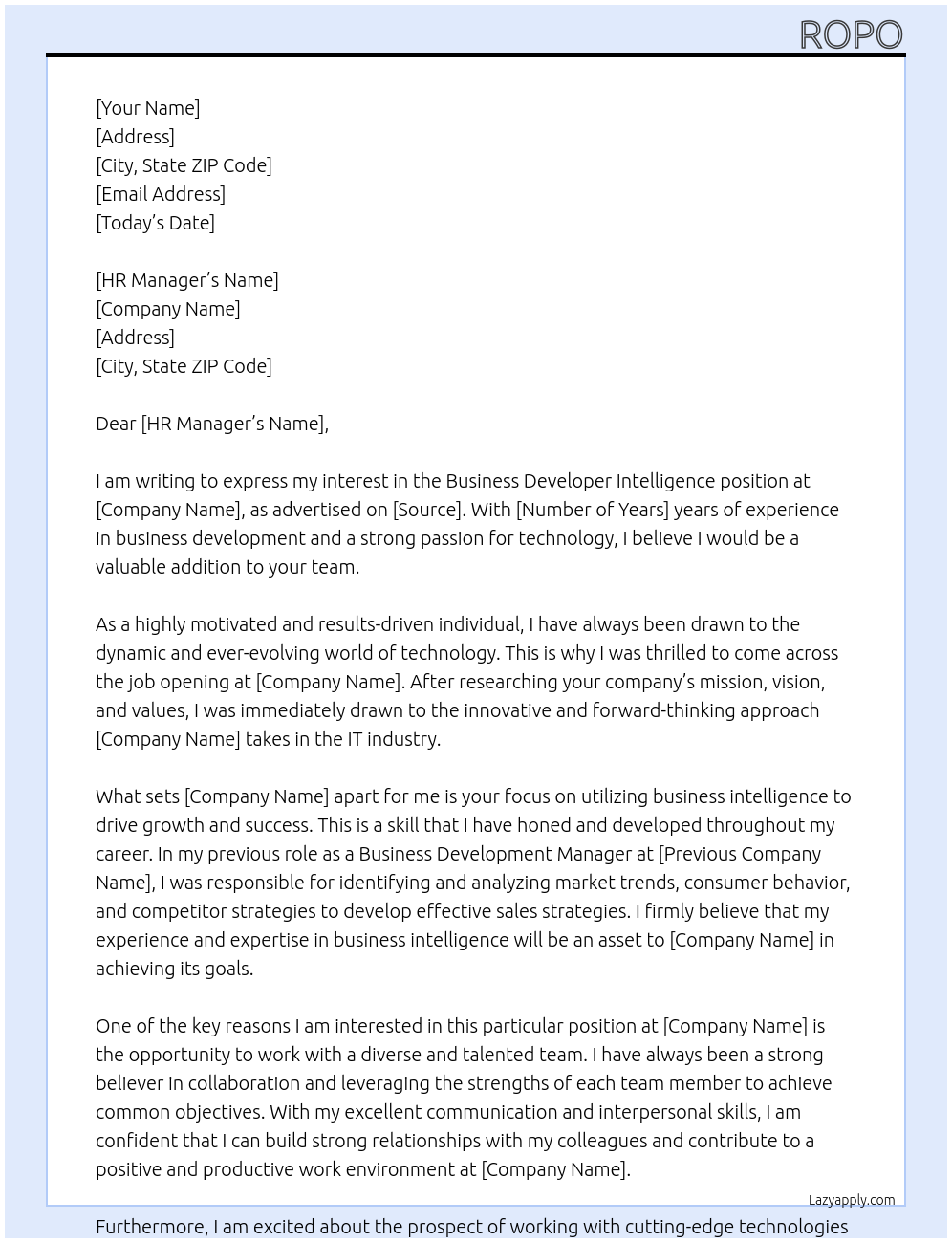Business developer Inteligence At IT Cover Letter