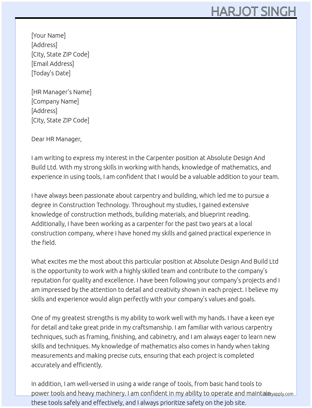 Carpenter At Absolute Design And Build Ltd Cover Letter