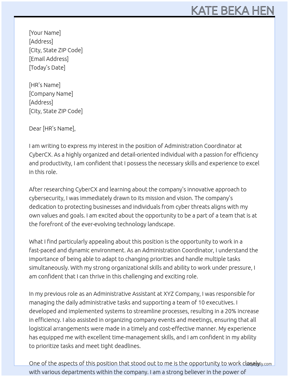 Administration Coordinator At CyberCX Cover Letter