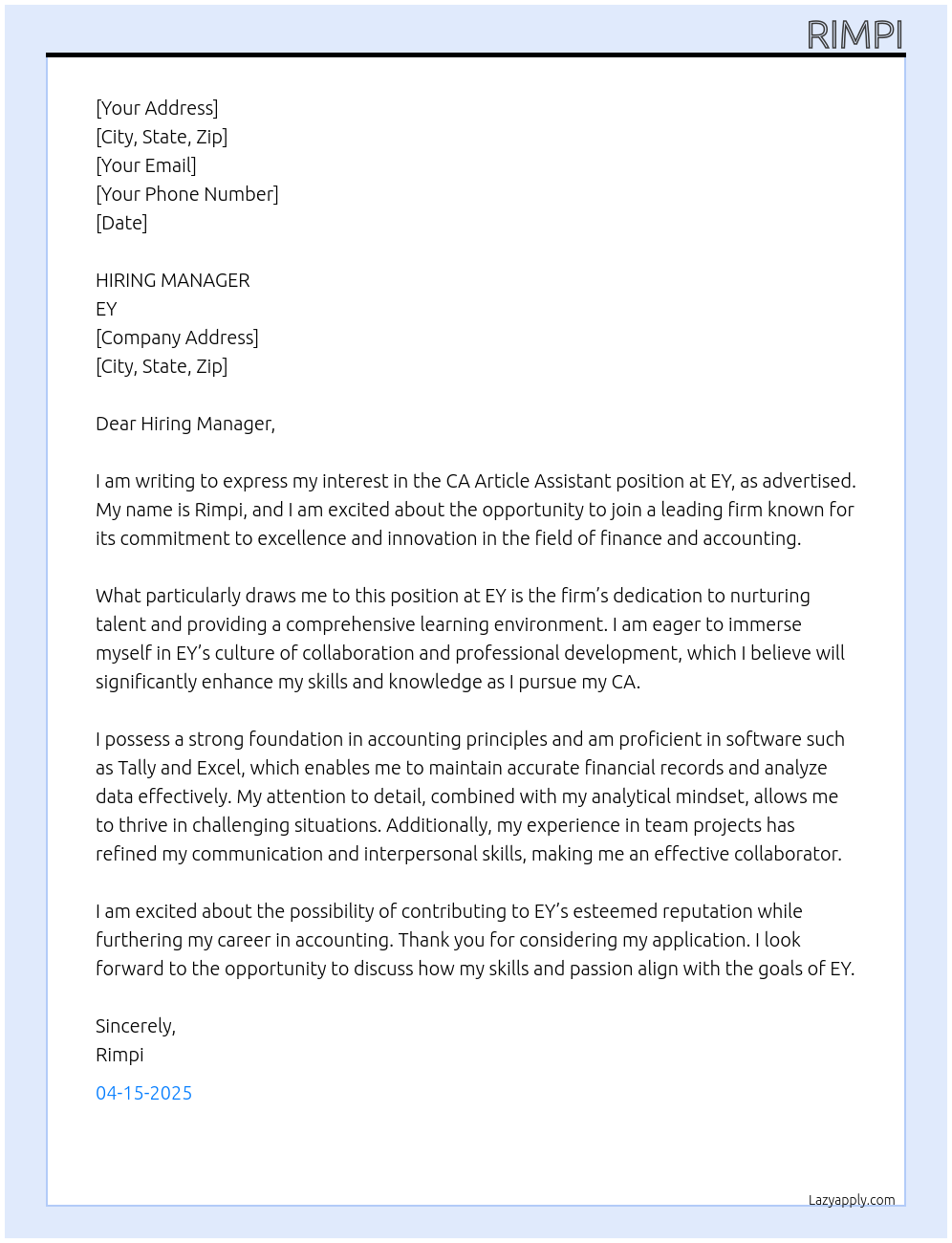 Cover letter for ca article assistant - LazyApply