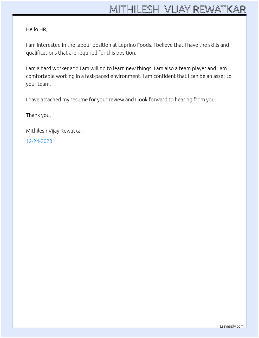 Labour At Leprino Foods Cover Letter