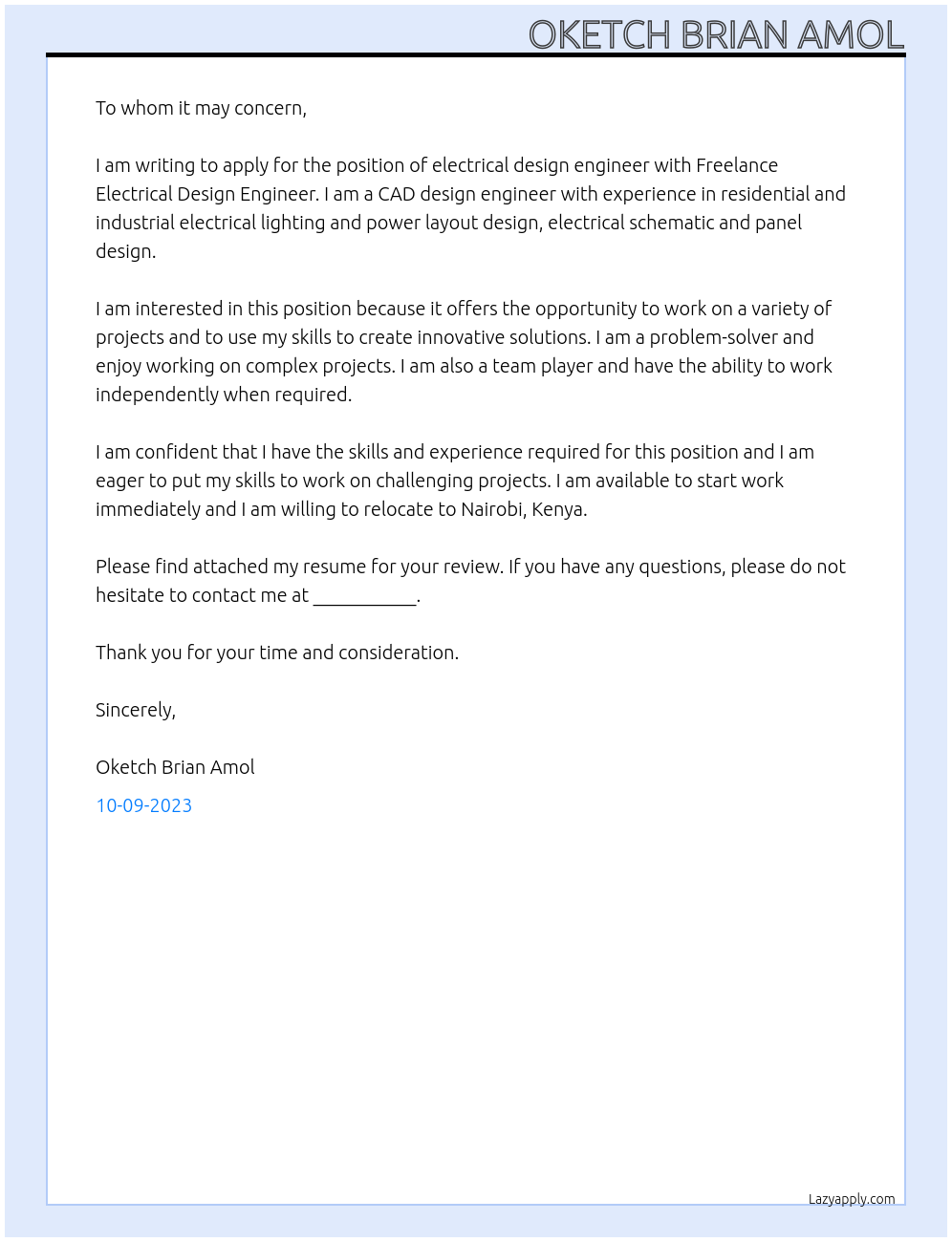 Electrical Design engineer At Freelance Electrical degign engineer Cover Letter