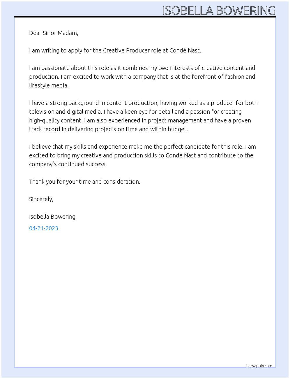 Producer At Condé Nast Cover Letter