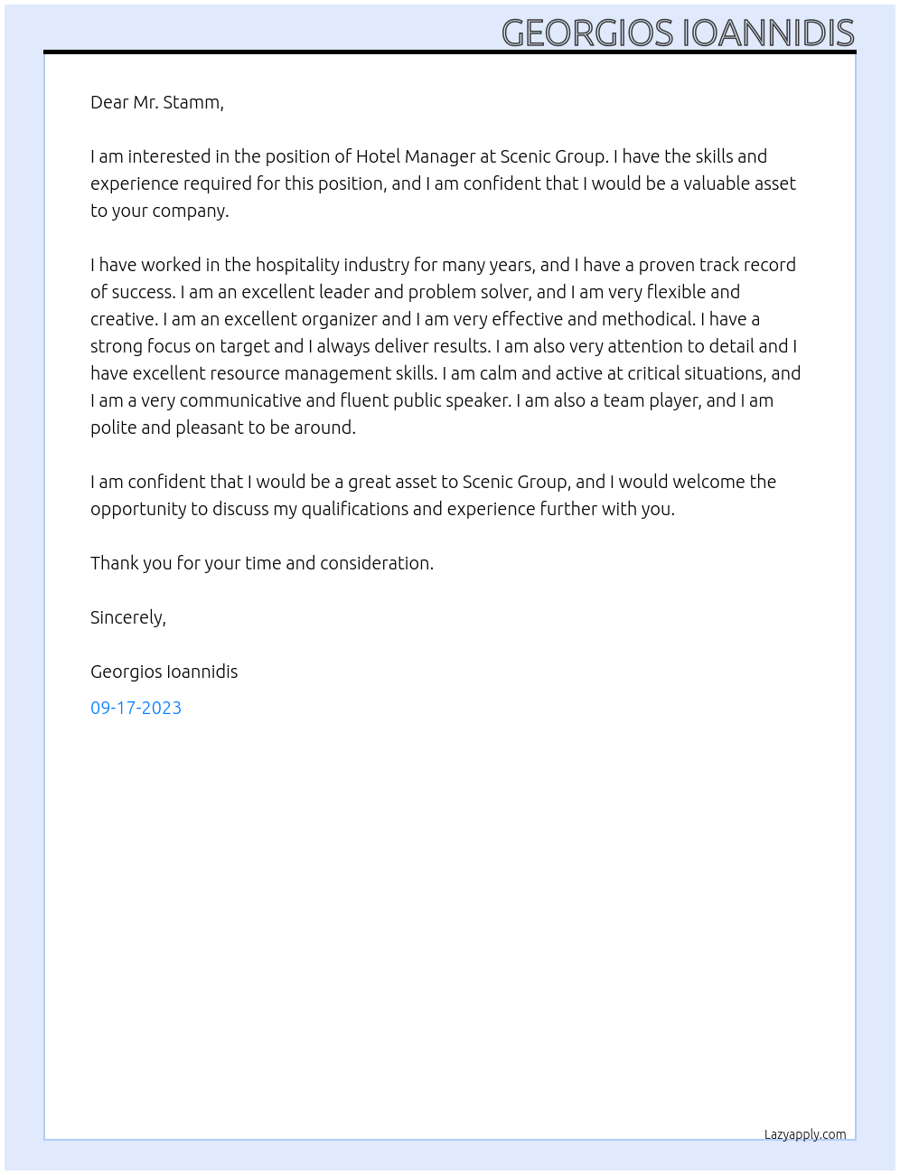 Hotel Manager At Scienc Groyp Cover Letter