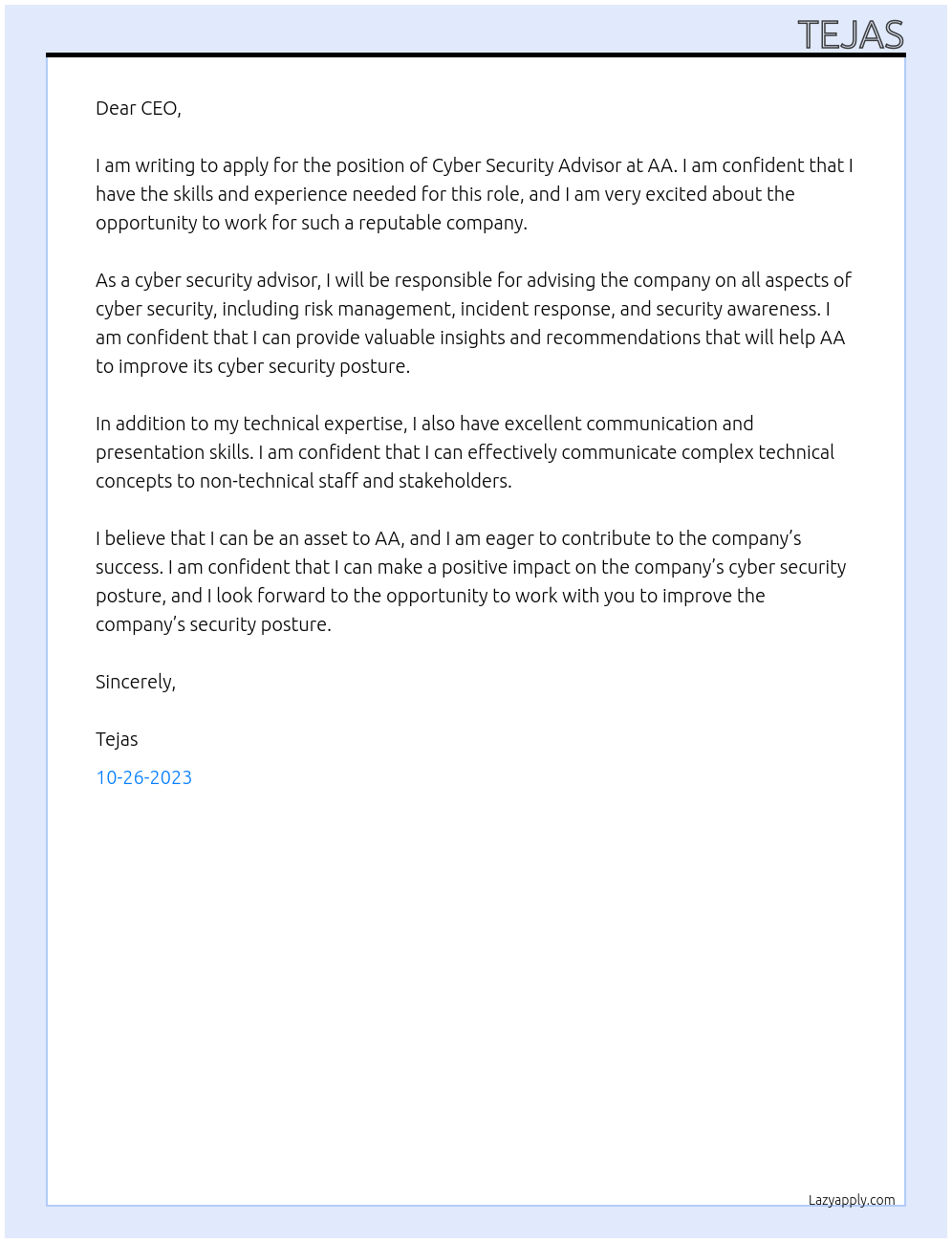 Cyber Security Advisor At AA Cover Letter