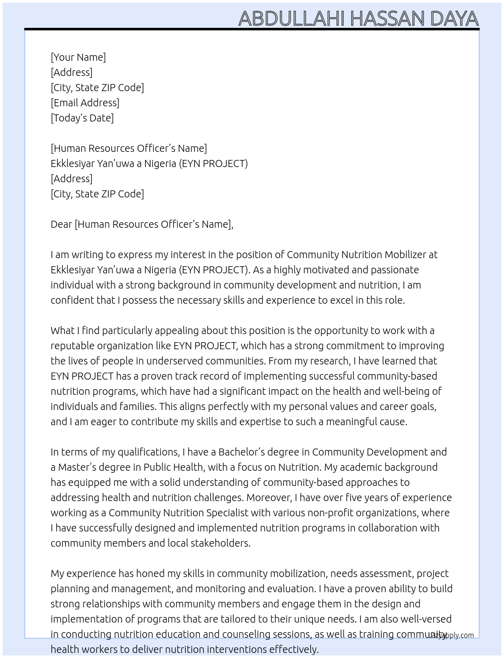 Community Nutrition Mobilizer  At Ekklesiyar Yan’uwa a Nigeria (EYN PROJECT) Cover Letter