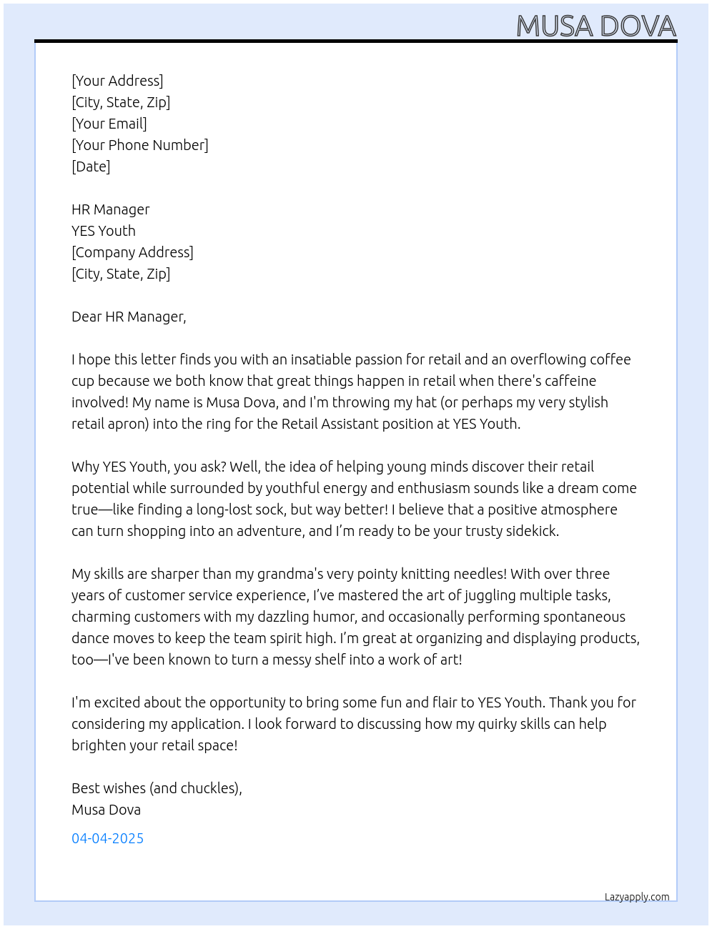 Retail Assistant At YES Youth Cover Letter