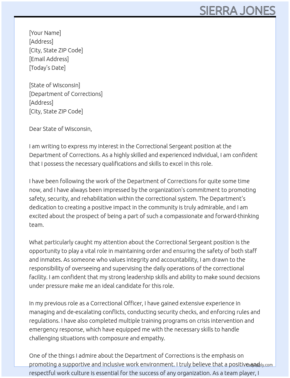 Correctional Sergeant At Department of Corrections Cover Letter