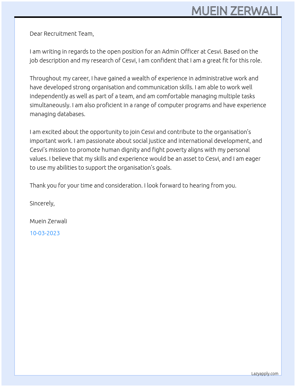 Admin officer At Cesvi Cover Letter