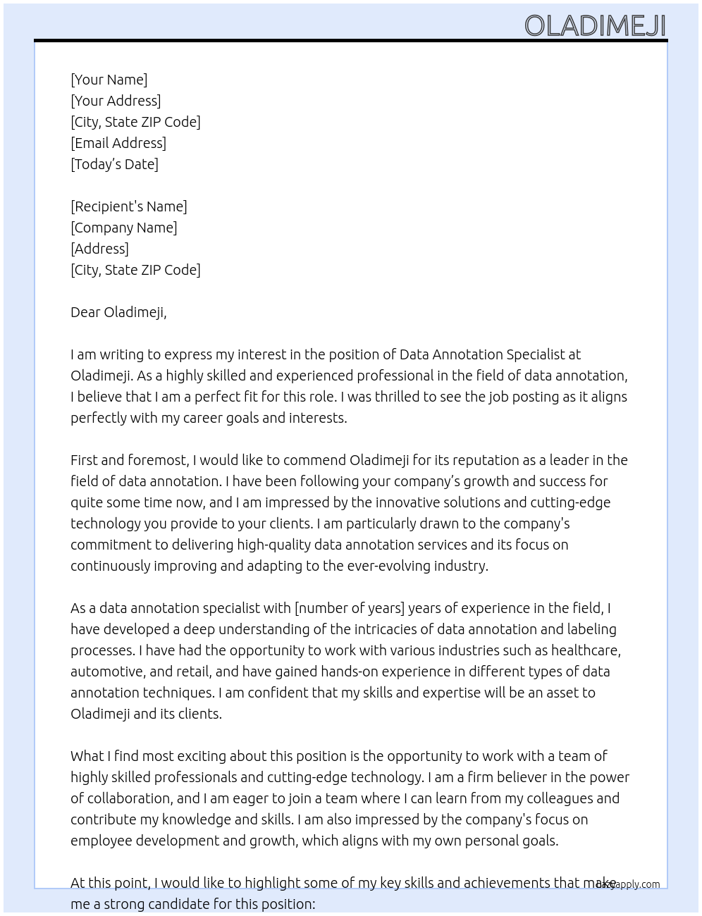 DATA ANNOTATION SPECIALIST At Oladimeji Cover Letter