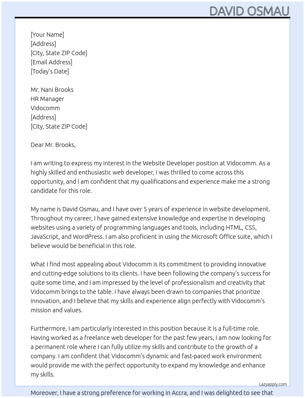 website developer At vidocomm Cover Letter