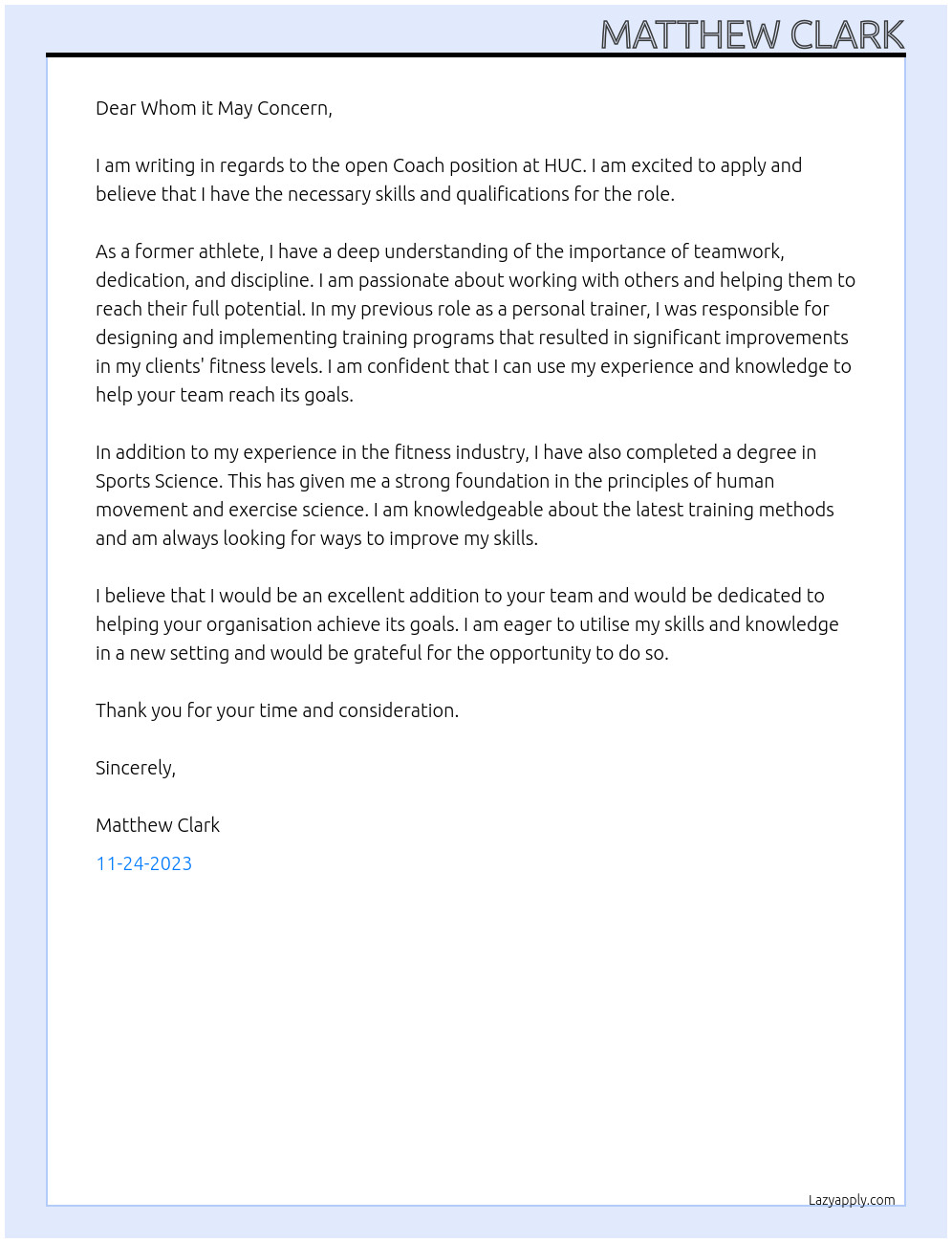 Coach At HUC Cover Letter