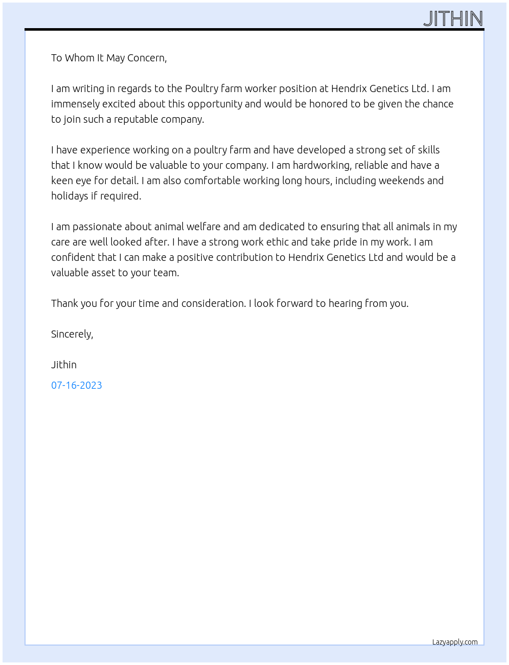 Poultry farm worker  At Hendrix Genetics ltd Cover Letter