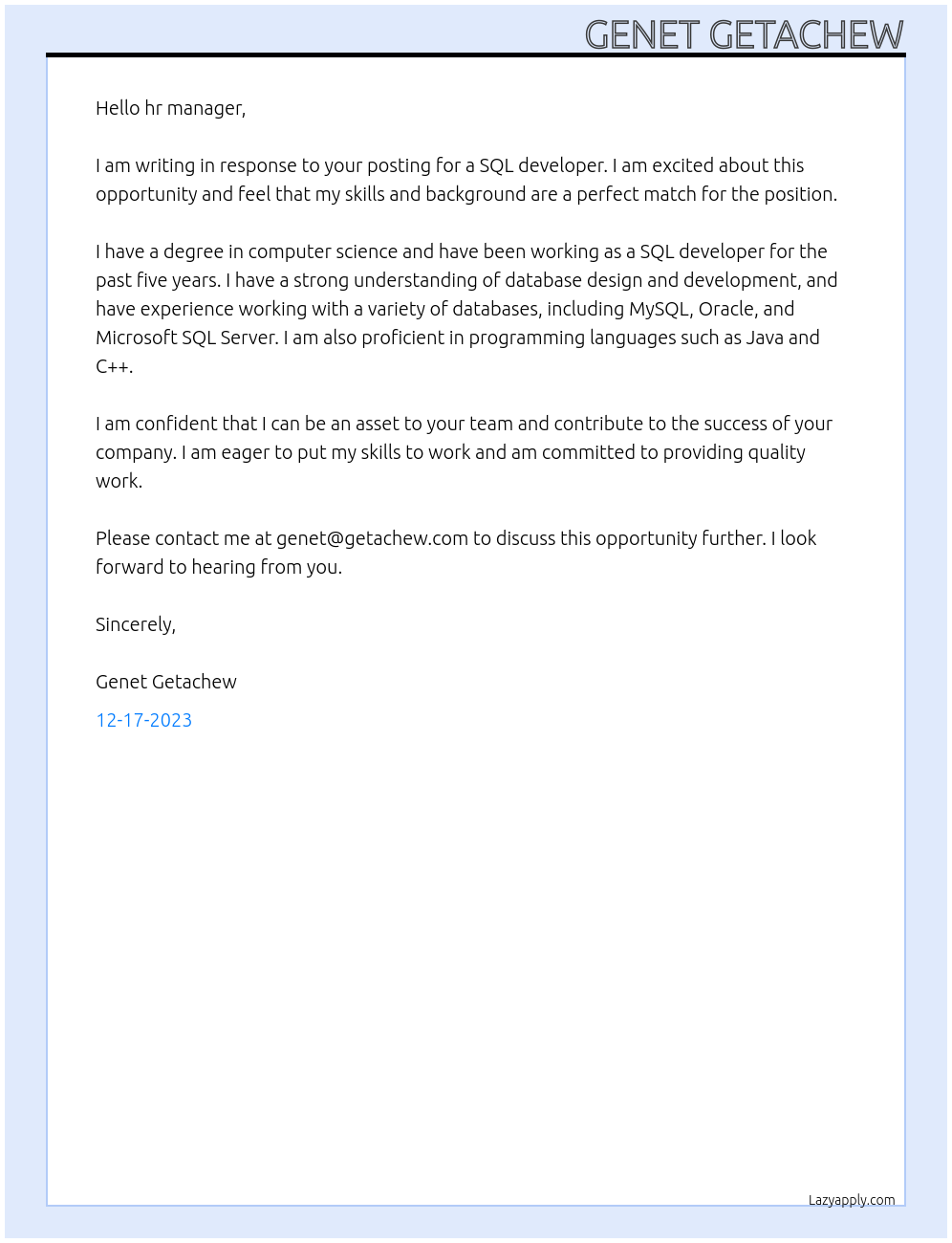 Sql developer At furnishcorner Cover Letter