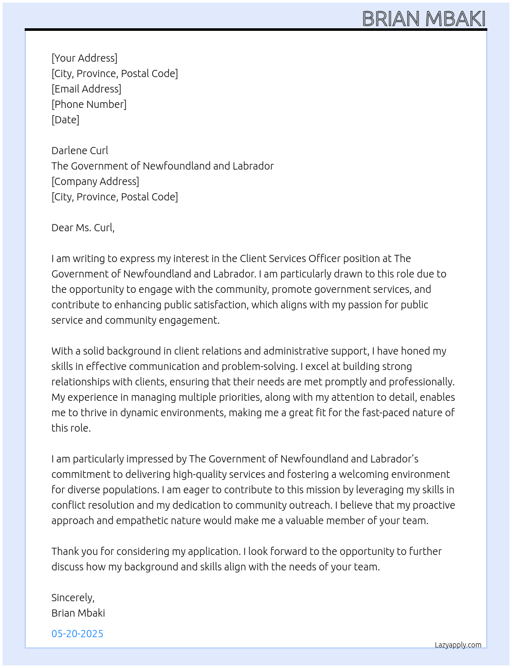 Client Services Officer At The Government of Newfoundland and Labrador   Cover Letter