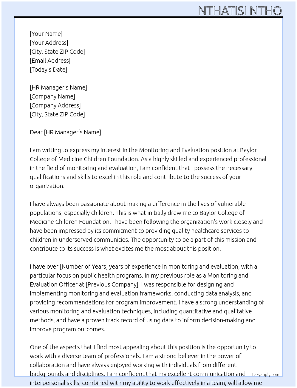 monitoring and evaluation At BAYLOR COLLEGE OF MEDICINE CHILDREN FOUNDATION Cover Letter