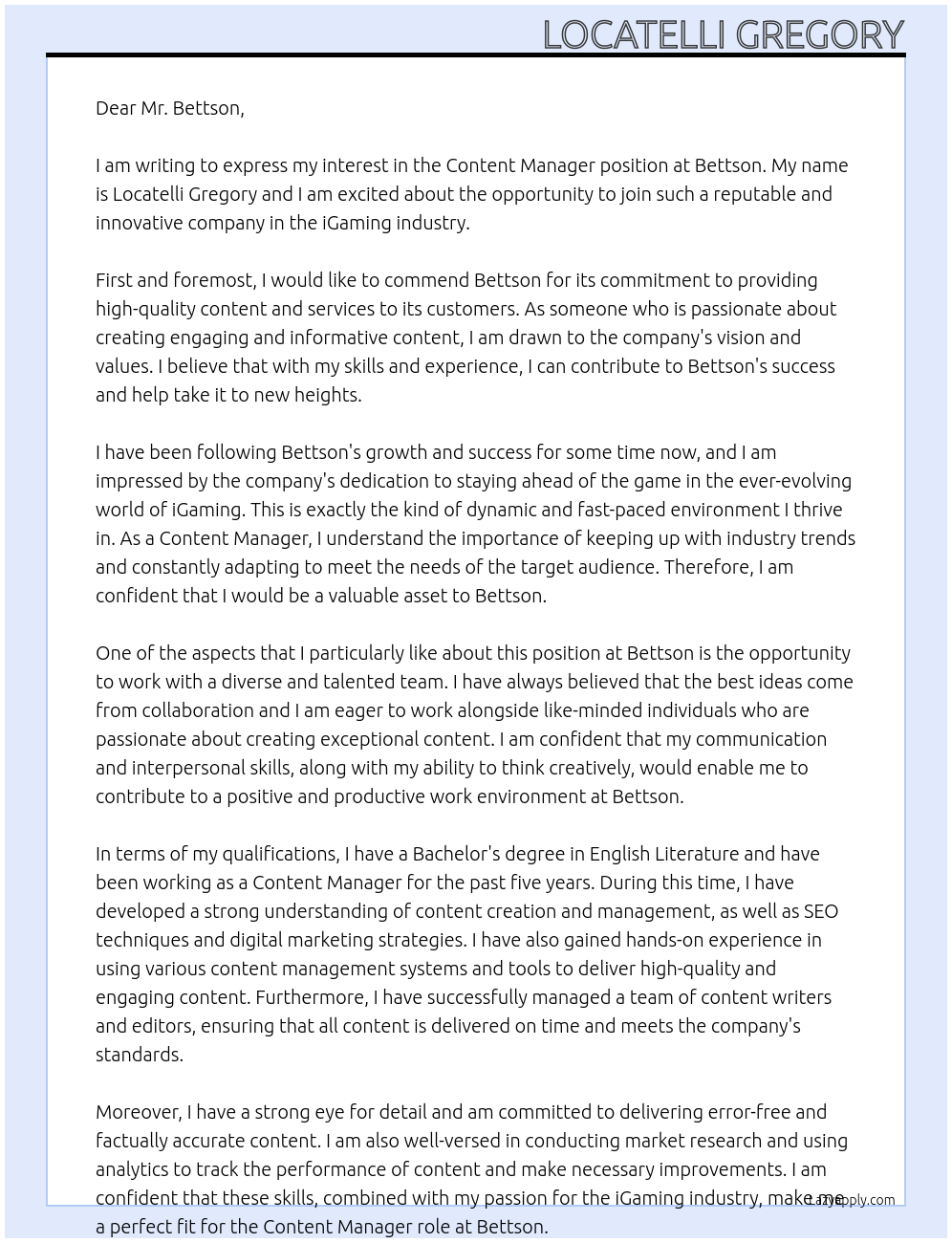 Content Manager At Bettson Cover Letter