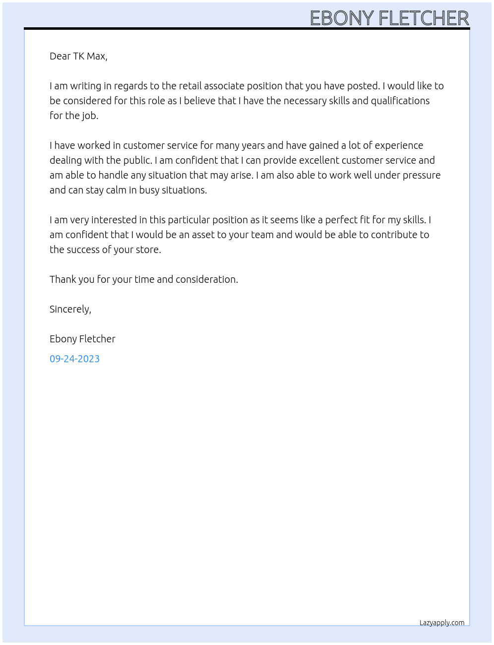 retail associate At TK Max Cover Letter