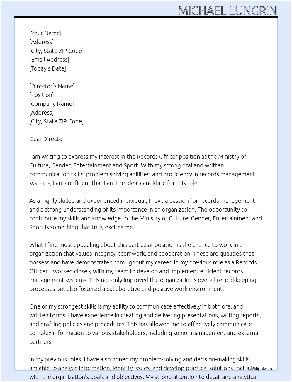 Records Officer At the Ministry of Culture, Gender, Entertainment and Sport Cover Letter