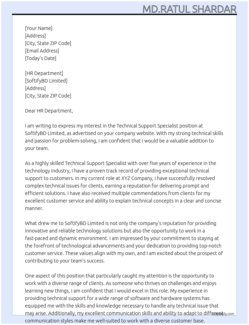 Technical Support Specialist At SoftifyBD Limited Cover Letter