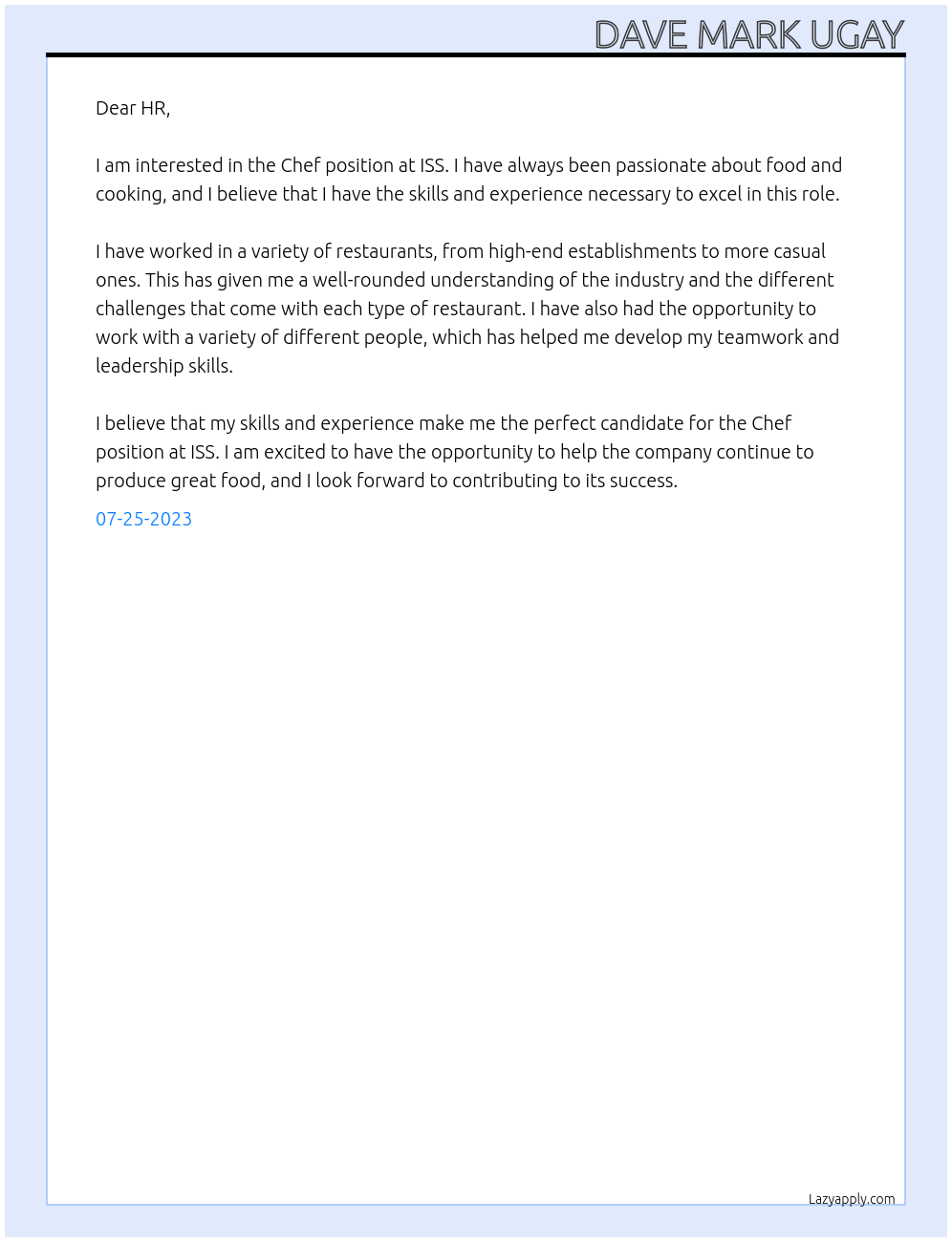 Chef At ISS Cover Letter