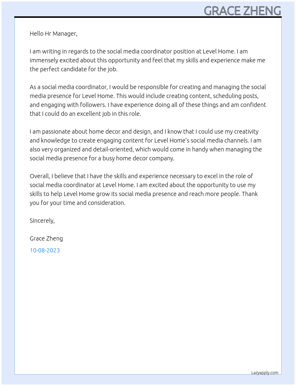 Social Media Coordinator At Level Home Cover Letter