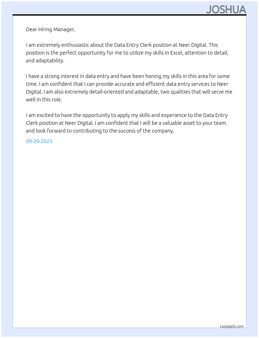Data entry clerk At Neer Digital Cover Letter