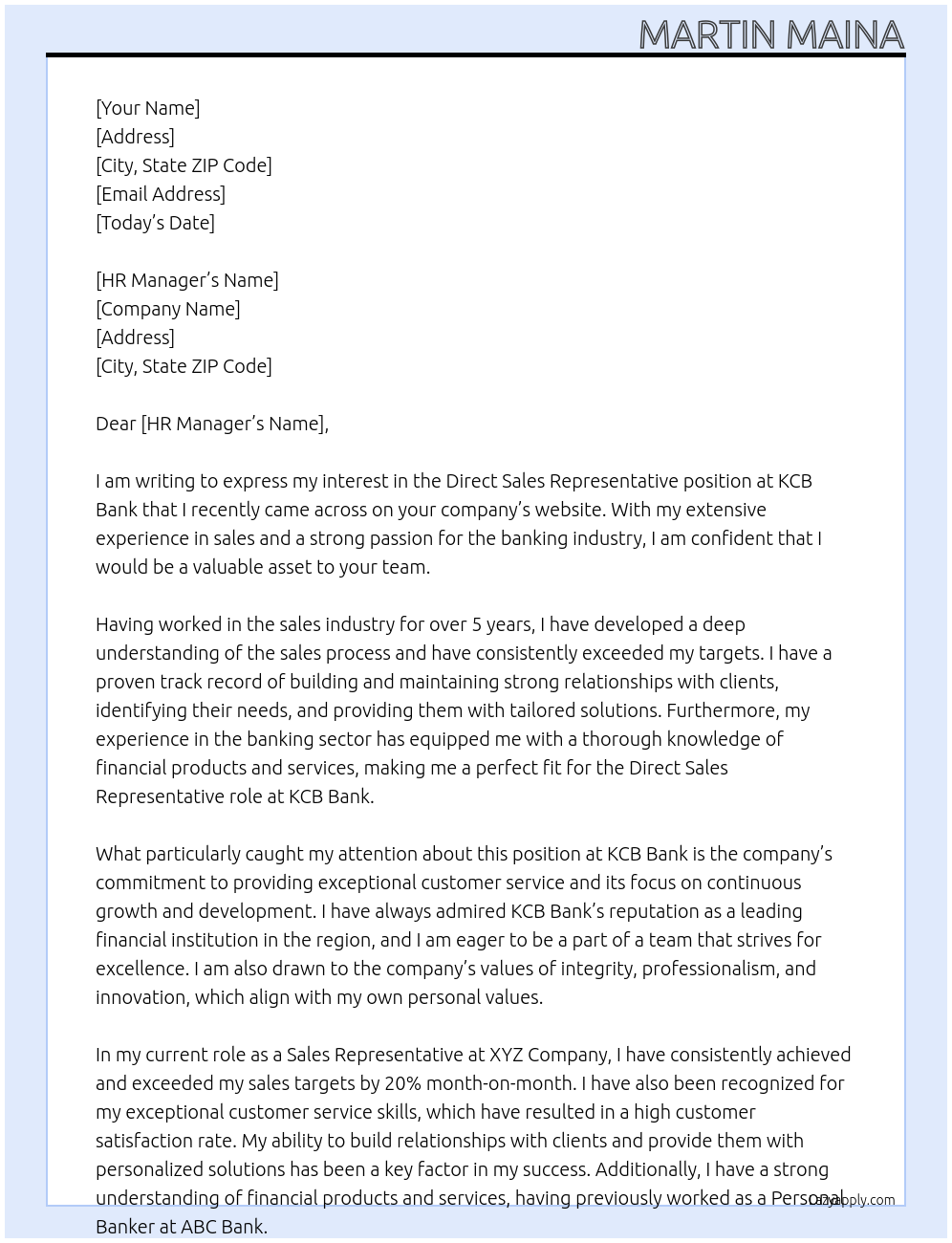 Direct Sales Reprisentative At KCB Bank Cover Letter