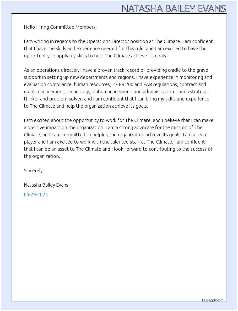 Operations Director At The Climate Cover Letter