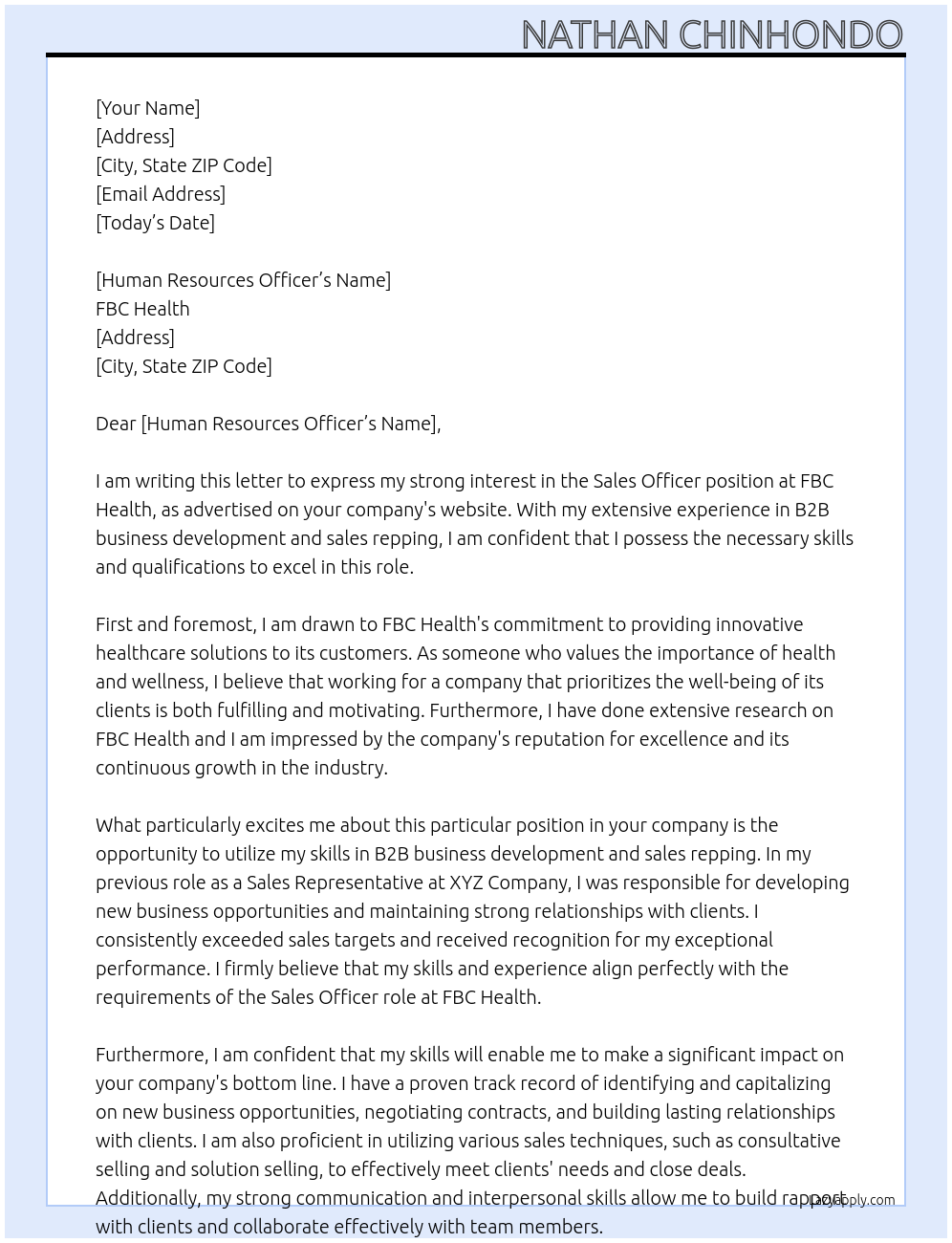 Sales Officer At FBC Health Cover Letter