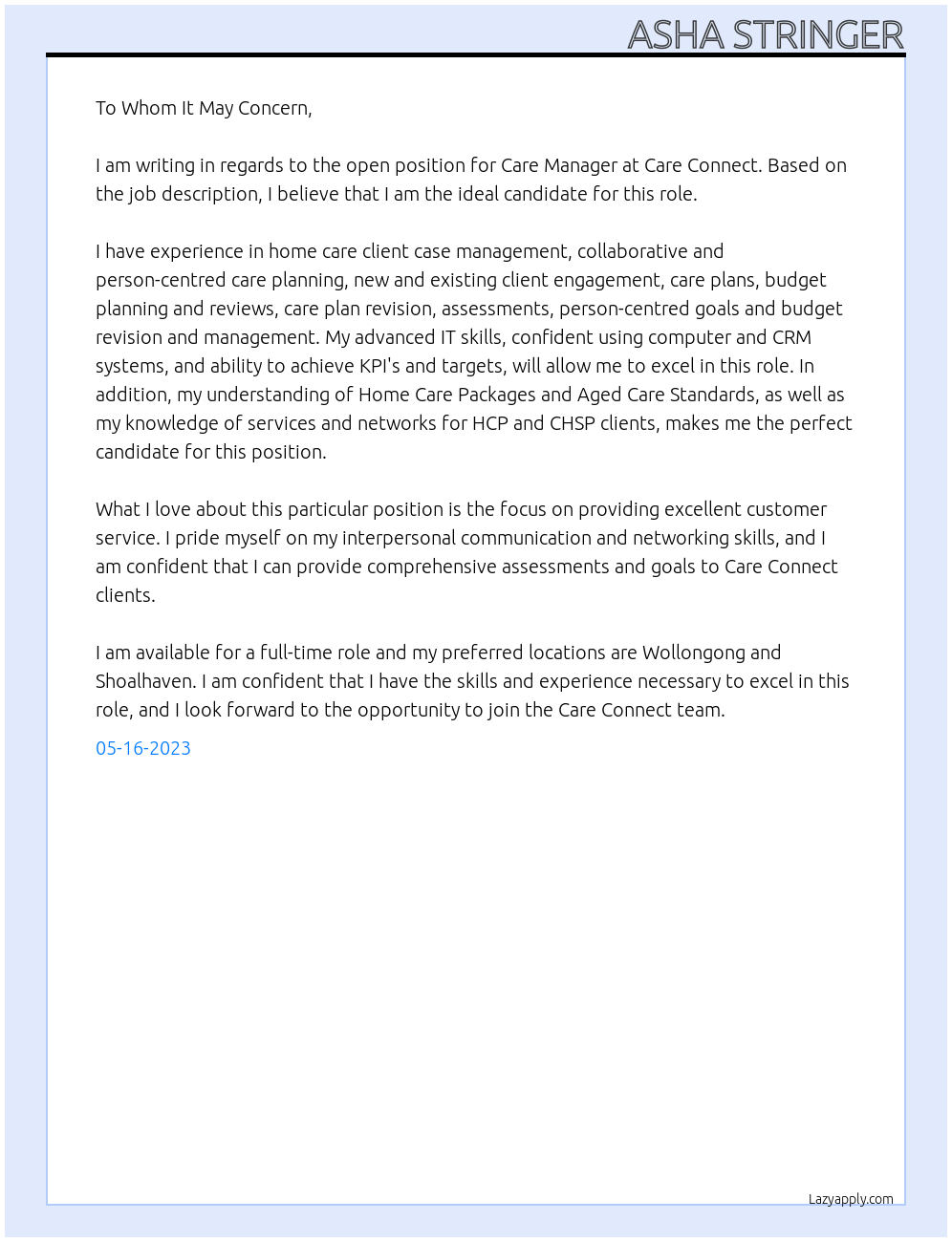 Care Manager At Care Connect Cover Letter
