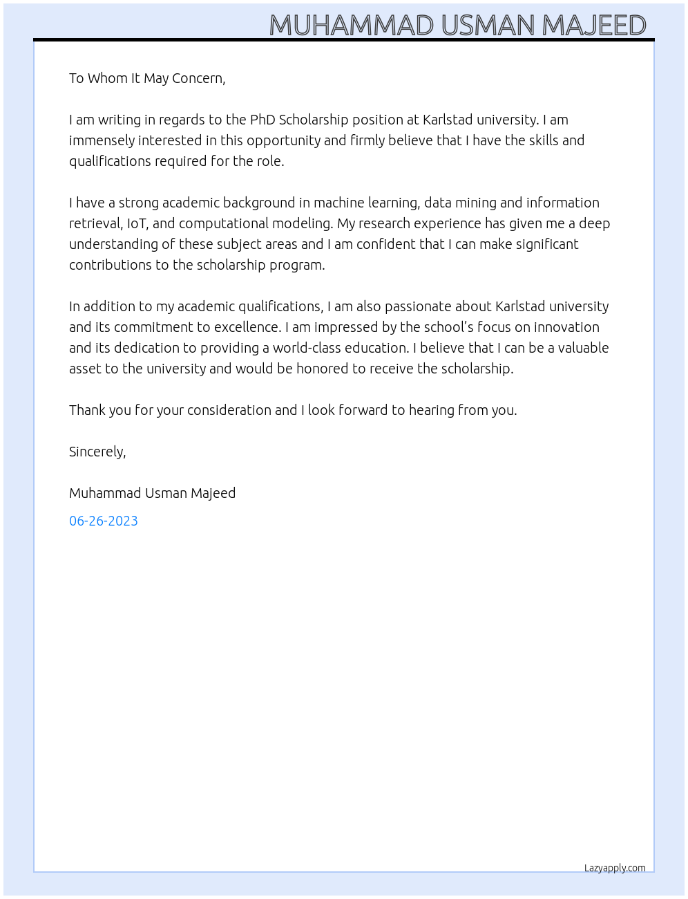 PhD Scholarship At Karlstad university Cover Letter