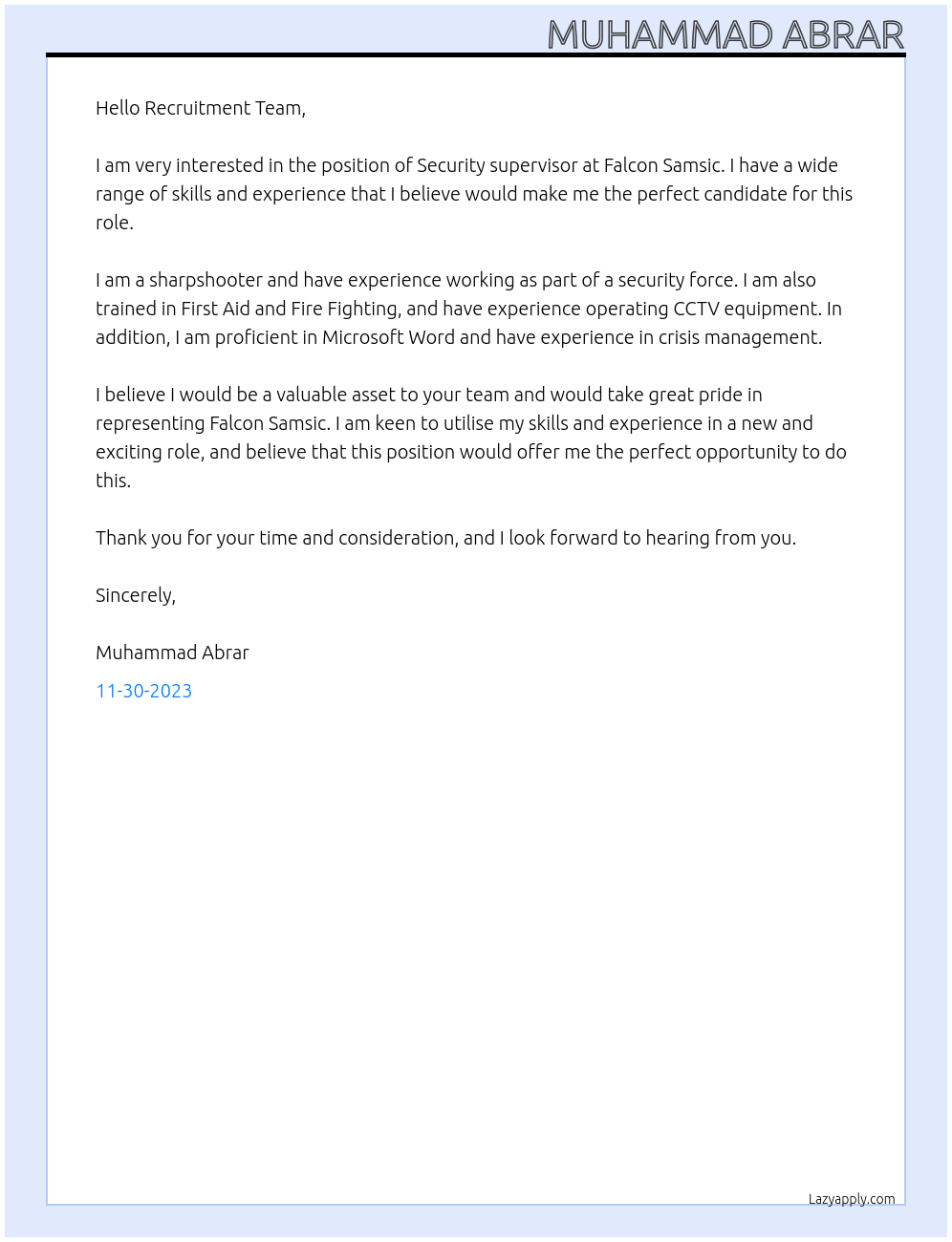 Security supervisor  At Falcon Samsic Cover Letter