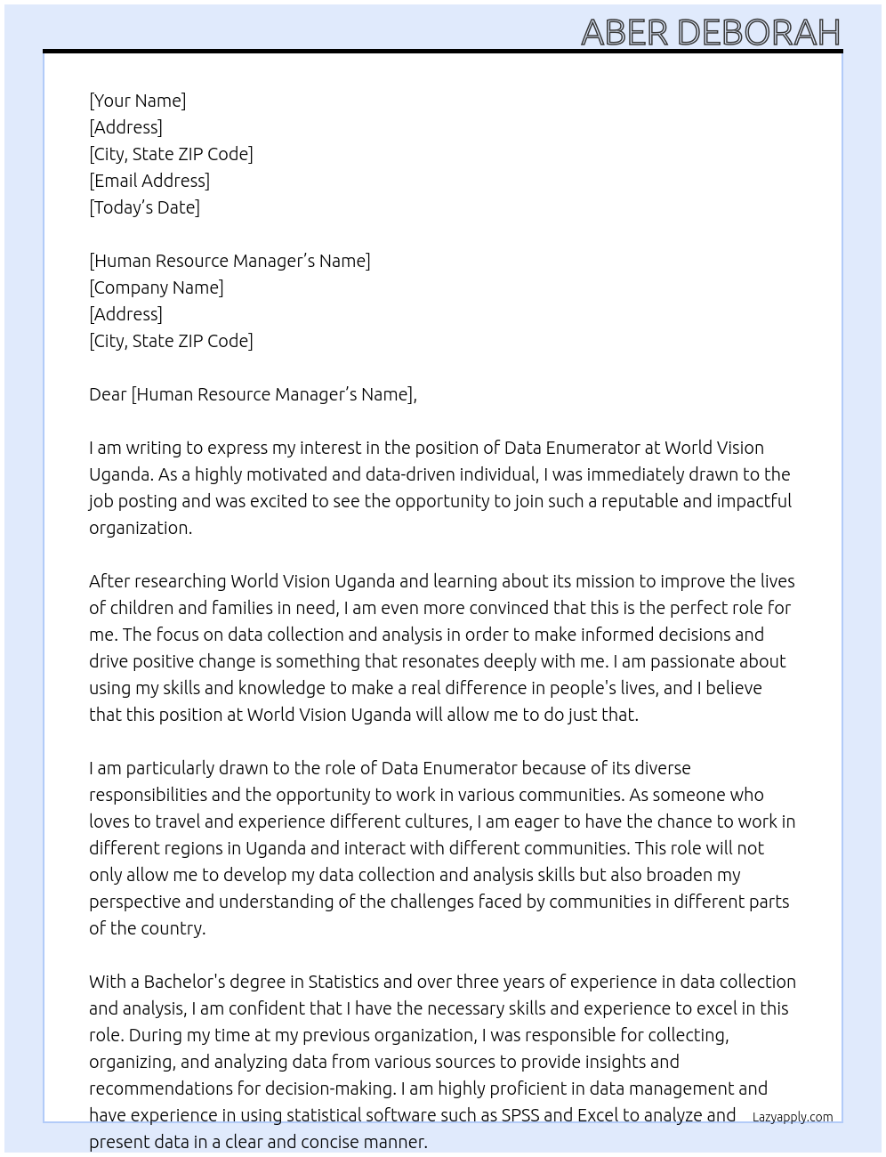 data enumerator At World Vision Uganda Cover Letter