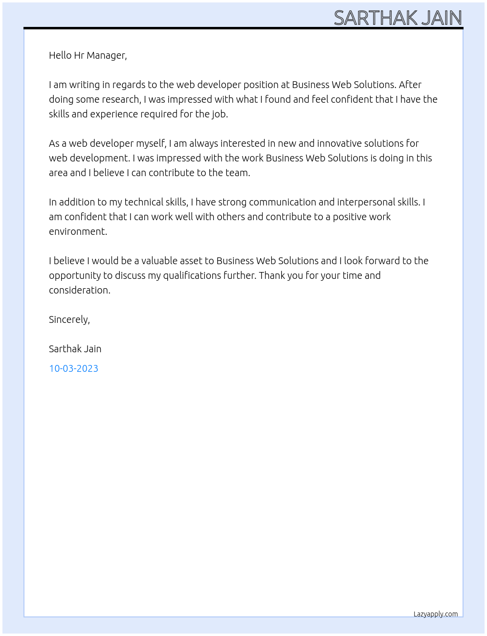 Web Developer At Business Web Solutions Cover Letter